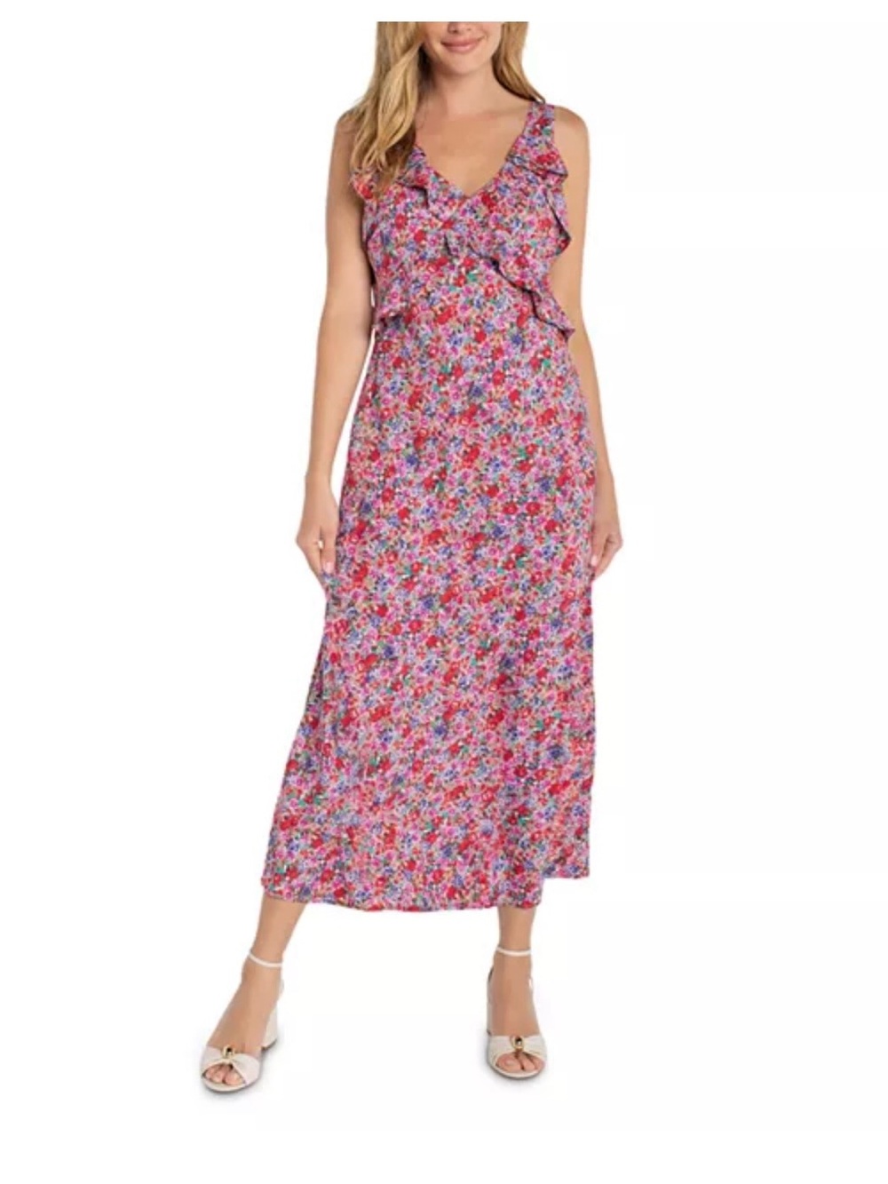 Liverpool Pink Multi Floral Ruffle V-Neck Maxi Dress
